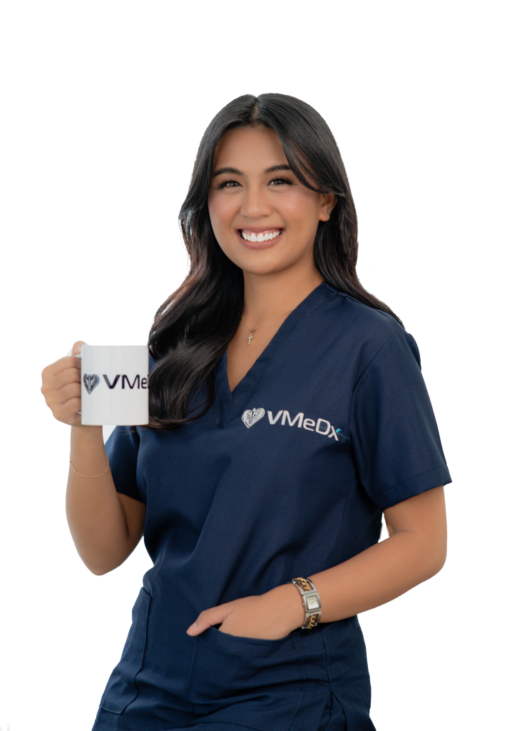 A VMeDx woman taking her coffee while on break on her remote patient monitoring duty