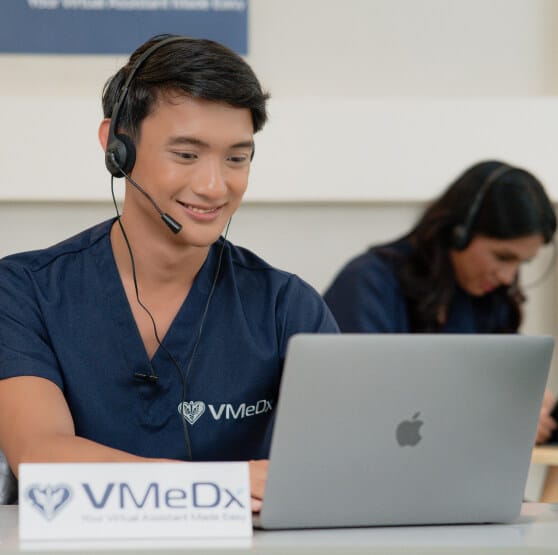 A male virtual medical assistant from VMeDx is conversing with his client.