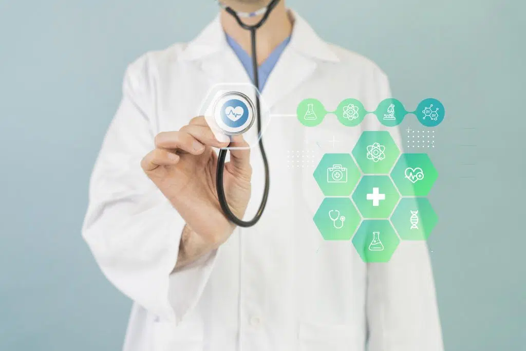 Medical banner with a doctor, highlighting virtual scribe medical services