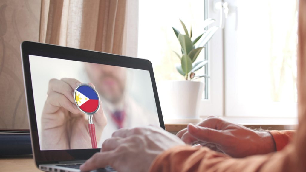 A doctor on a computer screen, a stethoscope, and the Philippine flag symbolize a medical virtual assistant in the philippines.