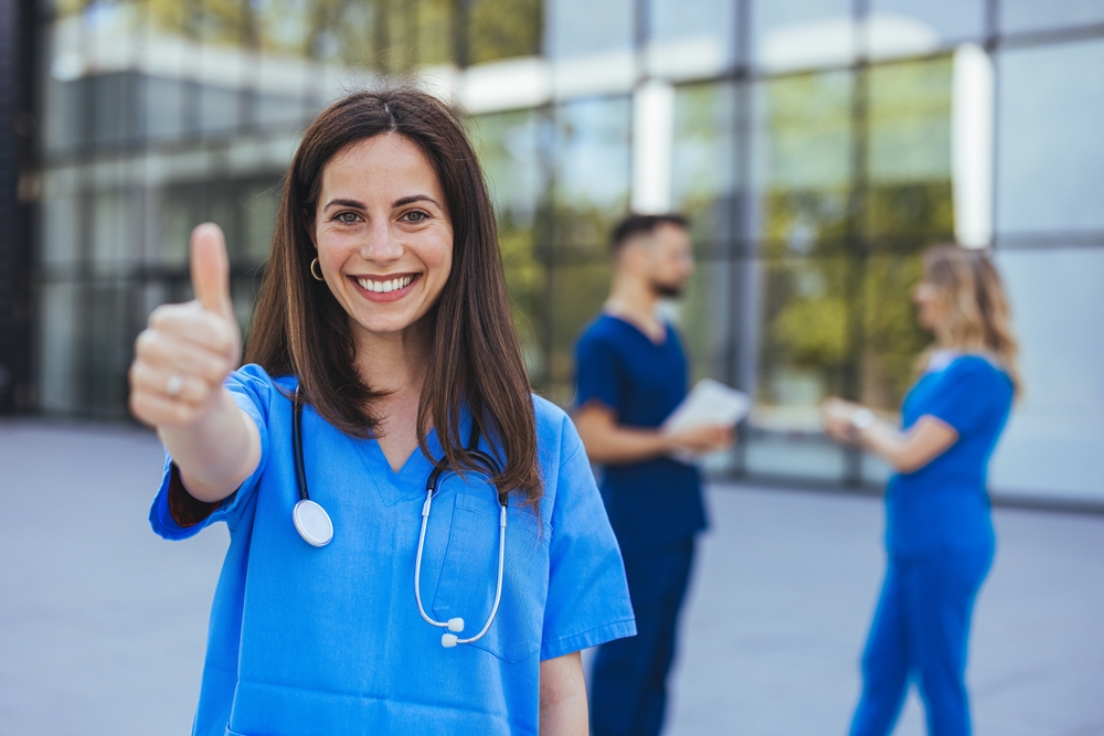 A happy medical scribe worker.