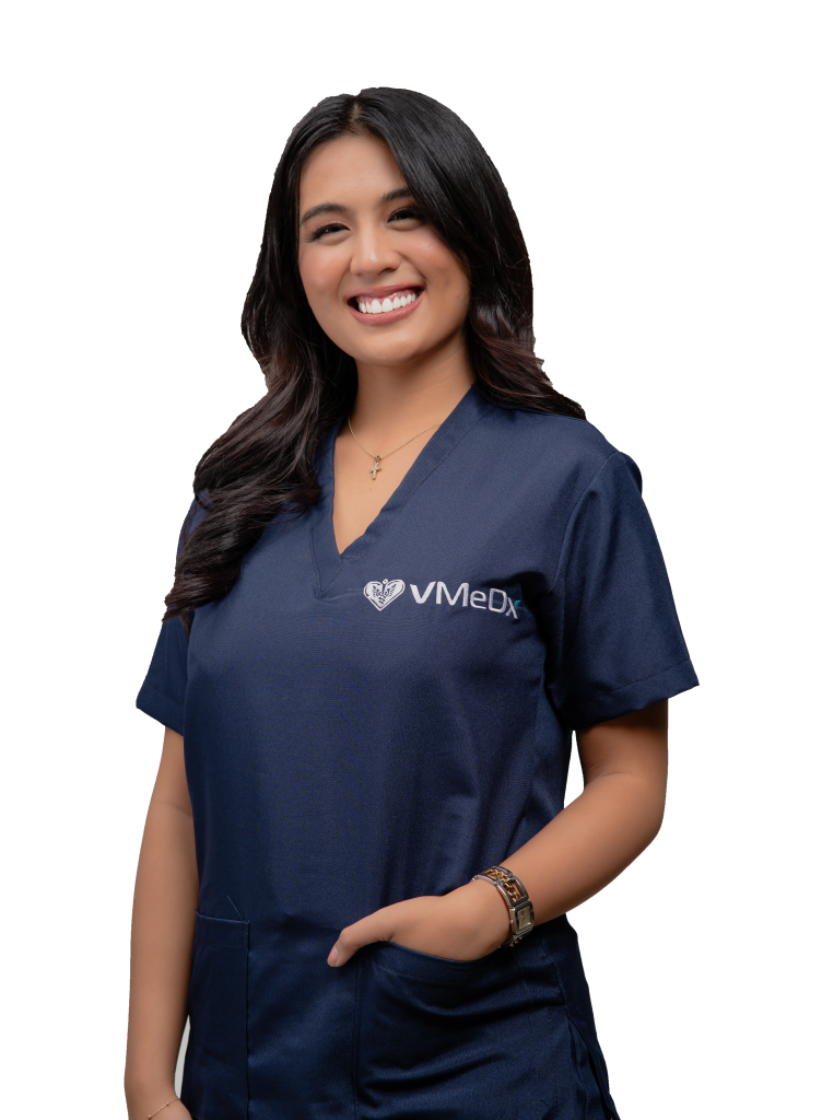 FAQ virtual assistant woman smiling and left hand is inside in the side pocket