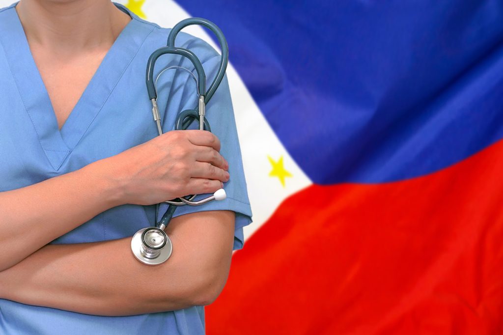 Female doctor with stethoscope background the Philippines flag Medical Virtual Assistant jobs philippines.