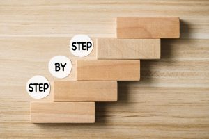 The image shows wooden blocks arranged like stairs with "Step by Step" written on them, symbolizing gradual progress, much like the journey to become a virtual medical scribe.