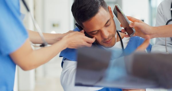 Virtual medical scribe burnout and people hands for phone call, documents.