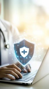 A close up of a glowing shield icon above hands and a laptop sleeve represents healthcare data security, secure health records, and medical data security in modern digital systems, electronic medical record 