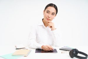 virtual assistant thinking and looking beside her