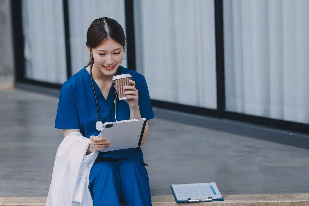 virtual medical assistant drinking coffee after work, showing about work life balance.