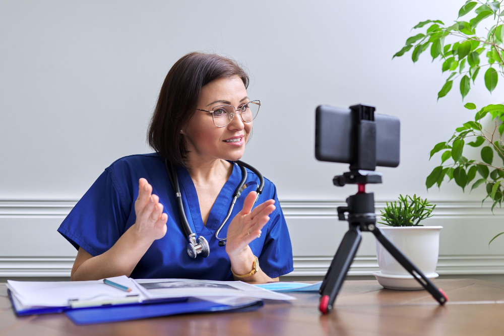 Female doctor recording a video about success stories about their clinic as social media marketing healthcare.