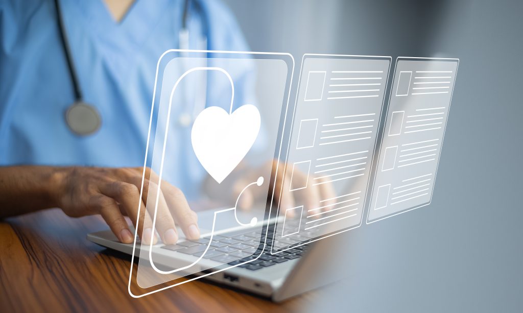 Medicine doctor using computer medical network connection, healthcare social media marketing