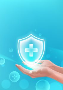 a hand holding a shield with a plus in the center.