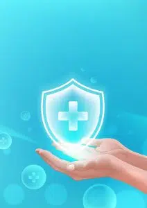 a hand holding a shield with a plus in the center.