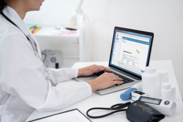 Doctor checking medical website.