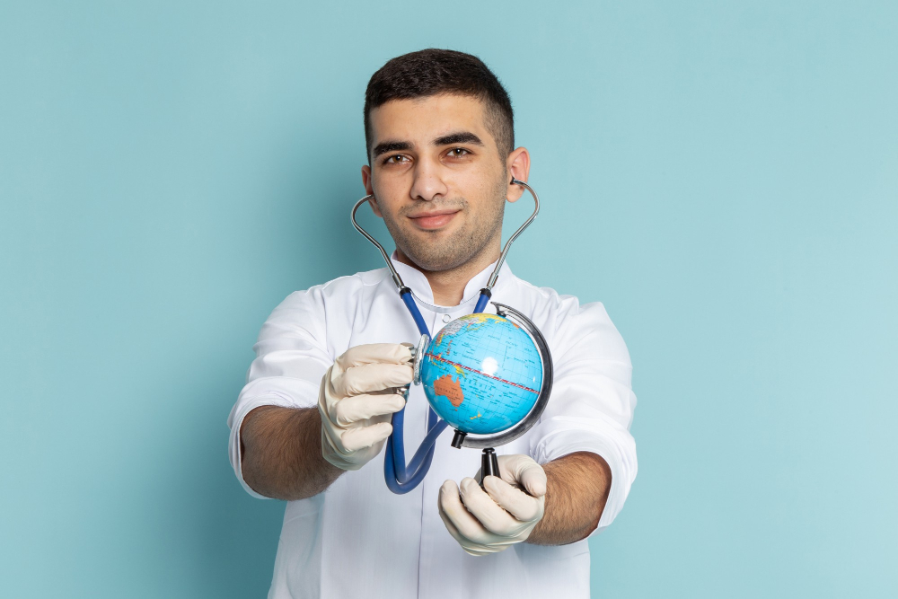 Male receptionist smiling with stethoscope, holding a globe.