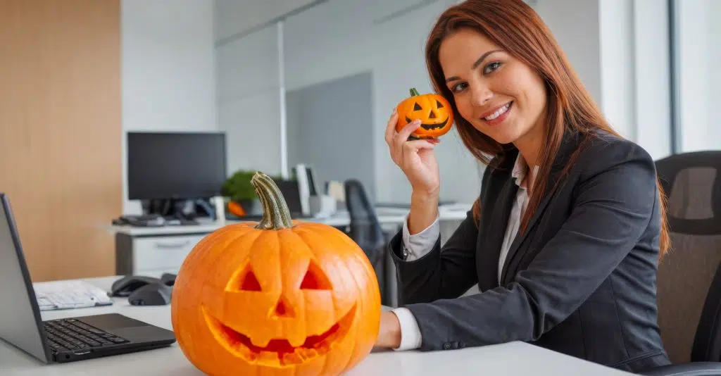 Office worker in suit embracing Halloween spirit with carved pumpkins on desk, seasonal celebration amidst corporate environment, festive autumn decorations. October holiday, halloween service receptionist