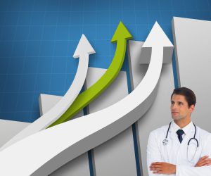 Composite image of confident doctor with arms crossed looking up on white background, seasonal surge receptionist