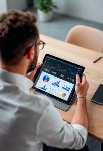 A man is looking at a tablet that has the graph graph on it, streamline efficiency receptionist