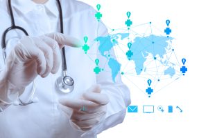 Medicine doctor hand working with modern computer virtual dashboard as medical network, international patient scheduling services 
