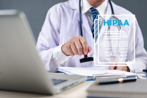 doctor stamping a document while an illustration of hipaa shows up infront of him, offshore medical scheduling team