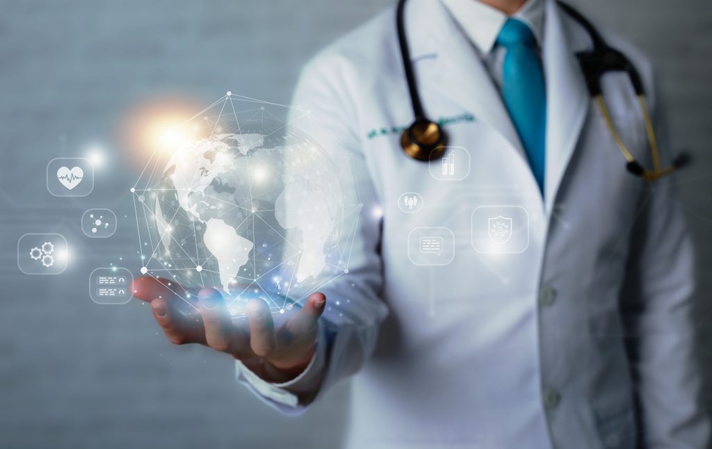 Doctor and stethoscope touching icon medical network connection with modern virtual screen interface, global practice efficiency services