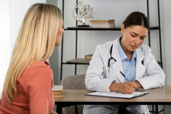 A patient access representative doctor writing on how to the patient take medicine.