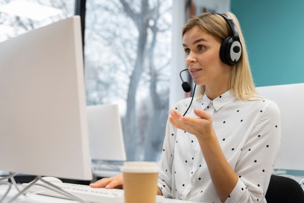 Virtual assistant with no experience working on a computer with headphones.
