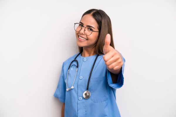 virtual medical assistant smiling with thumbs up.