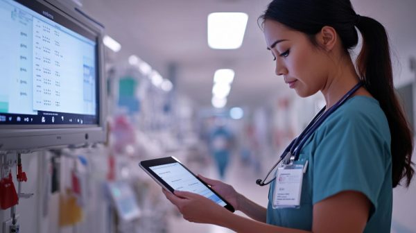 Nurse checking digital chart using tablet as rpm tool